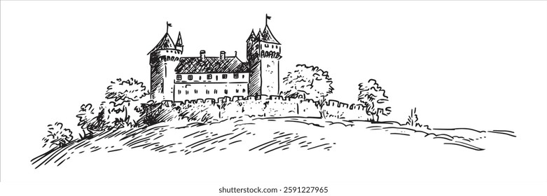 medieval castle on hill with trees in sketch style