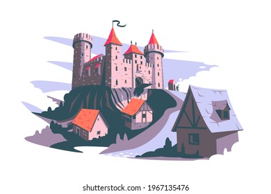 Medieval castle on hill vector illustration. Tower building, architecture ancient history flat style. Middle ages art and history concept. Isolated on white background