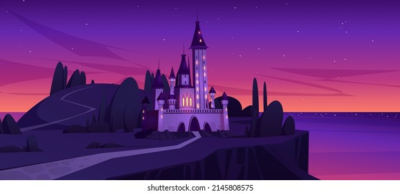 Medieval castle on island in sea after sunset. Vector cartoon illustration of summer mediterranean landscape with royal palace with towers on sea shore at evening