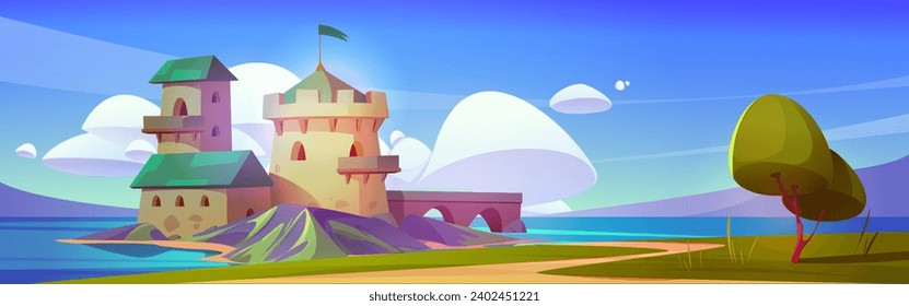 Medieval castle on lake. Vector cartoon illustration of ancient palace surrounded by water, mountains and green grass on hills, fortress with tower and flag on roof, tree near footpath, blue sky