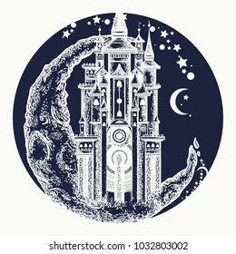 Medieval castle on the moon tattoo vector. Symbol of the fairy tale, dream, magic 