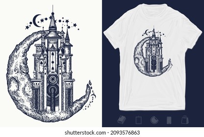 Medieval castle on the moon tattoo. Symbol of the fairy tale, dream, magic t-shirt design. Vector graphics template. Hand drawn illustration 