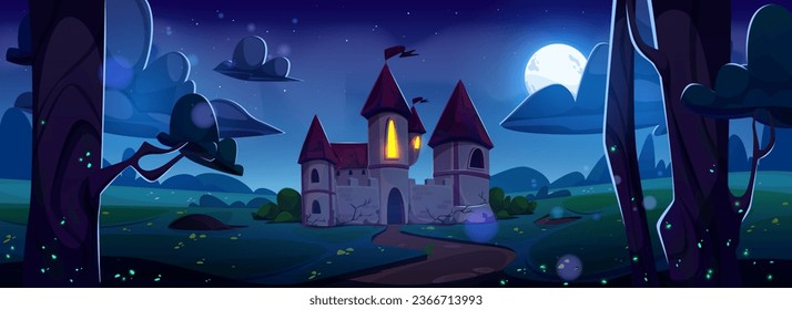 Castillo medieval en el paisaje de verano nocturno. Dibujo vectorial del reino de cuento de hadas, antiguo palacio real con luz en las ventanas de las torres de piedra, luna brillando en el cielo estrellado, luciérnagas fantasmas en la pradera