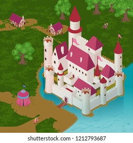 Medieval castle on river bank with royal tent knight on horseback houses of citizens isometric vector illustration