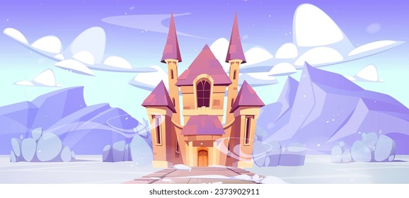 Medieval castle on winter mountain landscape. Vector cartoon illustration of fairytale royal palace with towers, rocky background covered with ice and snow, wind swirls in air, magic cold kingdom