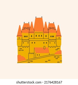 Medieval Castle. Orange roof, yellow walls. Royal kingdom towers, fortified palace. Old towers, fortress or fairy-tale stone castle. Cartoon style. Hand drawn colored trendy Vector illustration