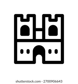 Castelo medieval. Ícone de vetor de traçado com contorno e detalhes preenchidos em preto.