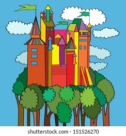 Medieval castle over a green forest surrounded by clouds, multicolored cartoon background