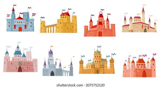 Medieval castle, palace and fortress with towers cartoon buildings. Isolated vector fairytale kingdom castles, palace, mansion, citadel or fort with flags, gates and turrets, bridges, defensive walls