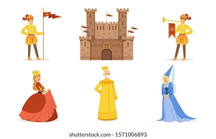 Medieval castle and people in costumes. Set of vector illustrations.
