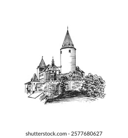 Medieval Castle in Prague. Drawing Sketch Vector