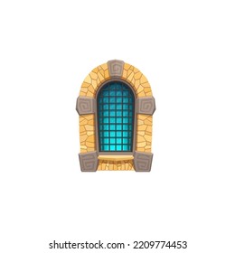 Medieval Castle Prison Cartoon Window. Arabic Palace, Mosque Or Prison Jail Exterior Window With Yellow Stone, Glass And Metal Grates. Medieval Temple Or Castle Isolated Vector Window