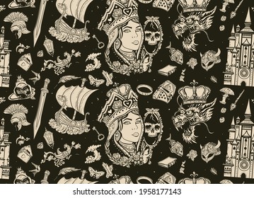 Medieval castle, queen in the golden, crown, dragon, knight, sword and princess frog. Fairy tales old school tattoo seamless pattern. Middle Ages magic legends art. Fantasy tattooing style background 