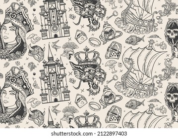 Medieval castle, queen in the golden, crown, dragon, knight, sword and princess frog. Fairy tales old school tattoo seamless pattern. Middle Ages magic legends art. Fantasy tattooing style background 