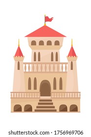 Medieval castle renaissance. Palace beige color with three towers openwork balconies red roof flag elongated rounded windows large central entrance staircase. Cartoon vector.