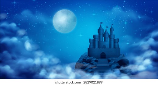 Medieval castle rising above rugged mountain peak. Fortress beneath luminous full moon, surrounded by scattered stars and drifting clouds. Vector nocturnal scenery with ancient architecture