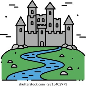 Medieval Castle with River on Green Hill Vector Illustration