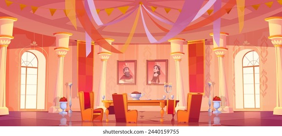 Interior de la habitación del castillo medieval con cena sobre fondo de mesa. Salón de palacio rey de fantasía para banquetes o banquetes. Salón de baile de lujo real para una rica cena familiar con bandera, columna antigua y ventana