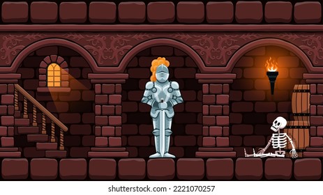 Medieval castle room with knight columns and skeleton. Vector illustration