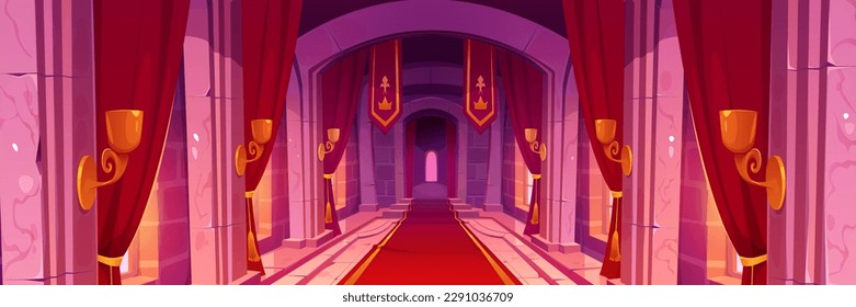 Medieval castle room, royal palace interior. Ancient building hall with windows, red curtains, carpet, gold chandeliers, pillars and flags, vector cartoon illustration