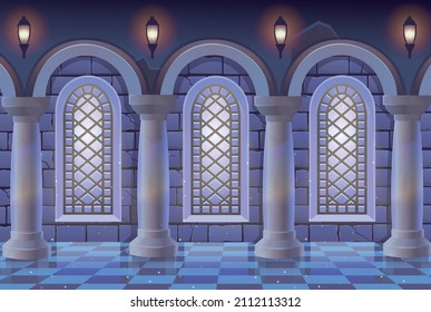 Medieval castle room with stained glass windows, columns marble floor and stone wall. Interior of ancient Palace. Vector illustration of cartoon corridor.