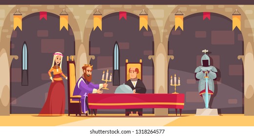 Medieval Castle Royal Dining Hall Area Interior Flat Cartoon Composition With King Being Served Meal Vector Illustration