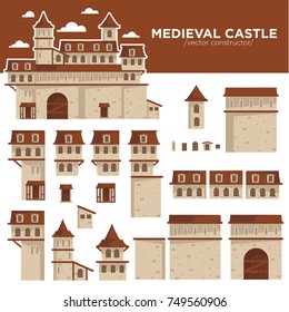 Medieval castle or royal fortress constructor of flat icons.