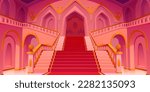 Medieval castle royal hall interior with stairs cartoon background. Fairy ballroom with staircase, red carpet and entrance door vector illustration. Beautiful fantasy luxury baroque building.