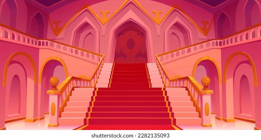 Interior de la sala real del castillo medieval con fondo de caricatura de las escaleras. Salón de baile con escalera, alfombra roja y ilustración vectorial de la puerta de entrada. Hermoso edificio barroco de lujo de lujo.