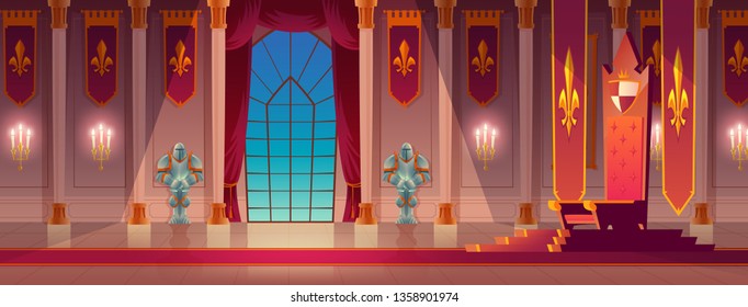 Medieval castle, royal palace spacious lit with burning candles, throne room or ballroom empty interior with king or queen golden thrones standing on pedestal, with knight armor on wall cartoon vector