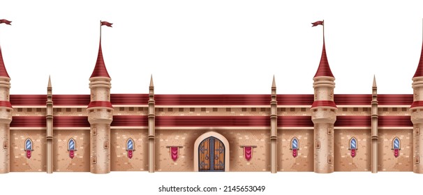 Medieval castle seamless border game illustration, magic fantasy fortress, vector stone palace. Ancient king tower, entrance gate, royal gothic UI architecture clipart. Medieval castle exterior