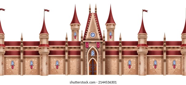 Medieval castle seamless border, magic fantasy fortress, vector stone palace game illustration. Ancient king tower, entrance gate, royal gothic UI architecture clipart roof. Medieval castle exterior