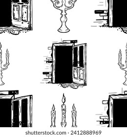 Medieval castle seamless pattern with open door and candlestick with candles.