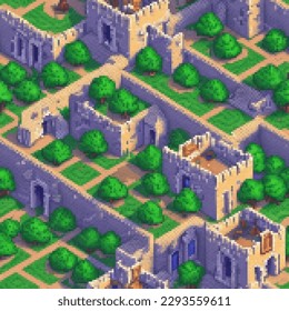 Medieval castle. Seamless pattern. Vector pixelated illustration. Pixel design. 