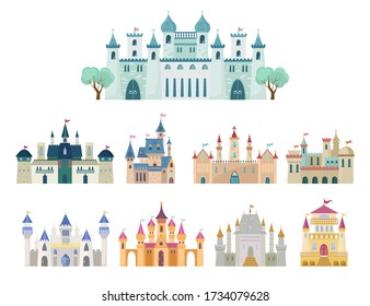 Medieval castle set. Ancient castle, citadel with arches, fortress with minarets, royal palace, gothic and renaissance buildings with gates, historical, fantasy design. Vector graphics in flat style.