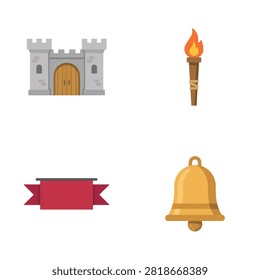 Medieval castle set featuring stone fortress burning torch red banner ribbon and golden church bell for historical and fantasy projects