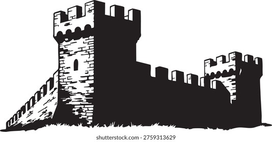 Medieval castle silhouette with tower and stone walls standing strong against a white background