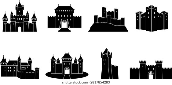 Medieval castle silhouette vector collection featuring towers, battlements, and fortress designs for history and fantasy projects