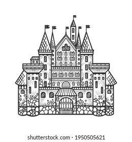 medieval castle sketch engraving vector illustration. T-shirt apparel print design. Scratch board imitation. Black and white hand drawn image.