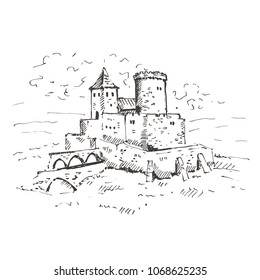 Medieval castle sketch. Hand drawn vector illustration.