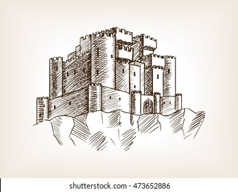 Medieval castle sketch style vector illustration. Old engraving imitation.