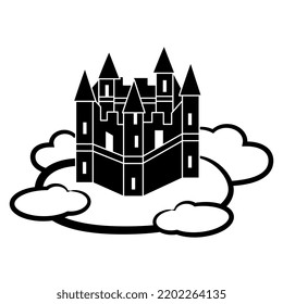 Medieval castle soaring on a cloud in the sky. Creative concept. Black and white silhouette.