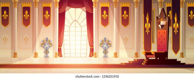 Vector de dibujos animados en el interior del salón de trono o salón de baile. Camino de alfombra roja a los reyes trono en pedestal, cortinas en la ventana, banderas con emblema real en las paredes, caballeros armadores ilustración