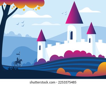 Medieval castle standing on a hill on a mountain background. Wandering Knight on Horse. Vector graphics