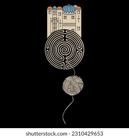 Medieval castle standing on a round spiral maze or labyrinth symbol and a yarn ball. Ariadne's thread. Creative concept. City of Troy. On black background.