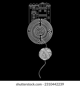 Medieval castle standing on a round spiral maze or labyrinth symbol and a yarn ball. Ariadne's thread. Creative concept. City of Troy. Black and white silhouette.