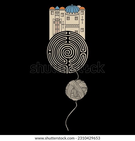 Medieval castle standing on a round spiral maze or labyrinth symbol and a yarn ball. Ariadne's thread. Creative concept. City of Troy. On black background.