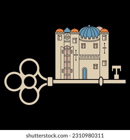 Medieval castle standing on skeleton key. Creative architectural concept. On black background.