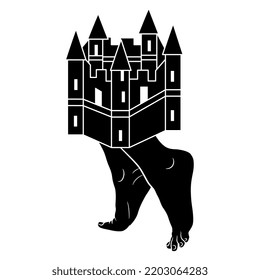 Medieval castle standing on two tiptoed female feet. Creative funny concept. Black and white silhouette.