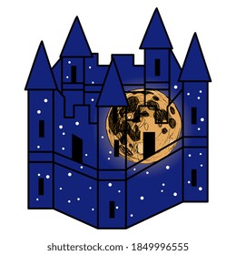 Medieval castle as starry night with full moon inside. Creative fantastic concept.